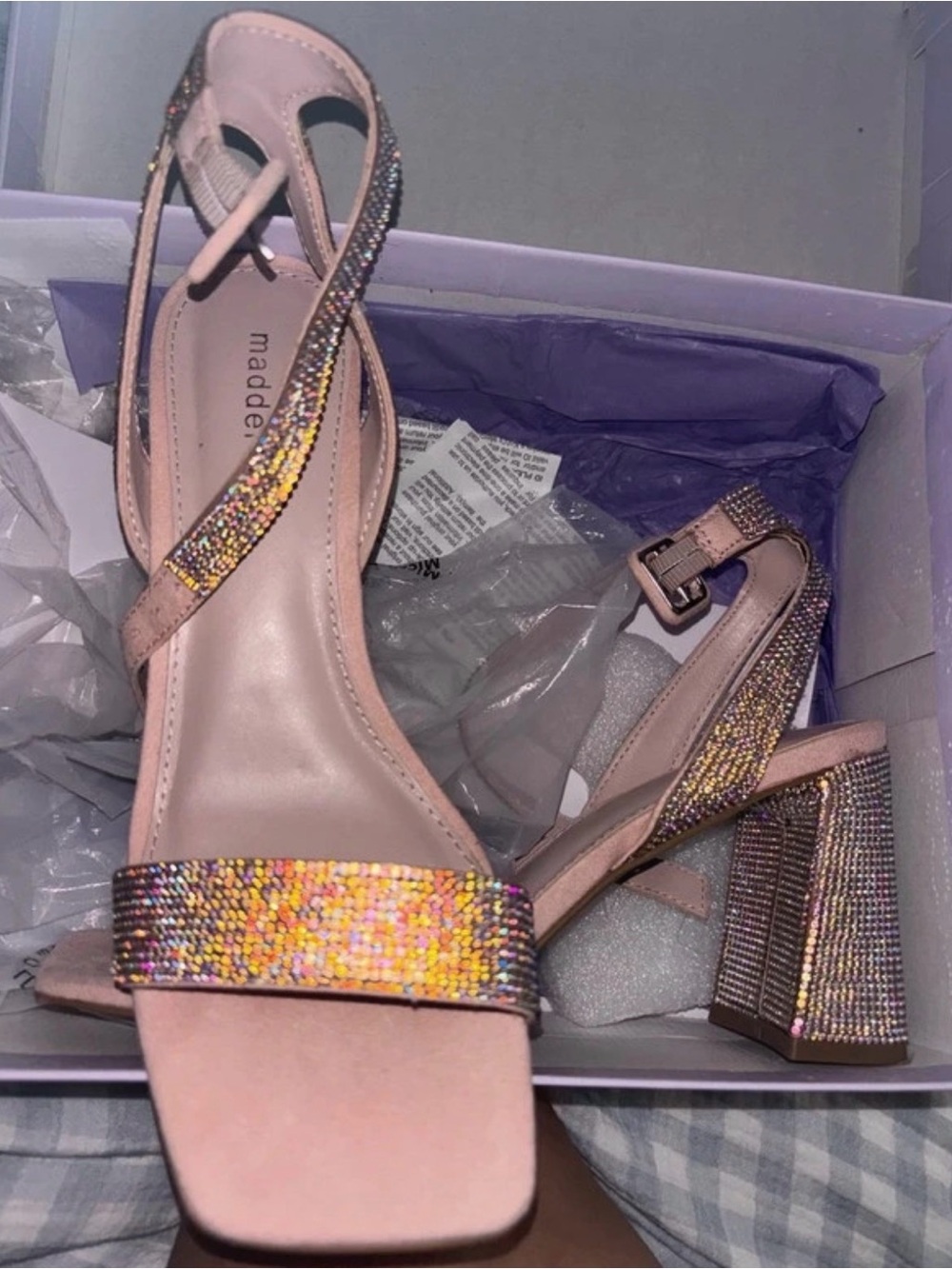 Madden Girl Pink Iridescent Crystal Block Heel Sandals